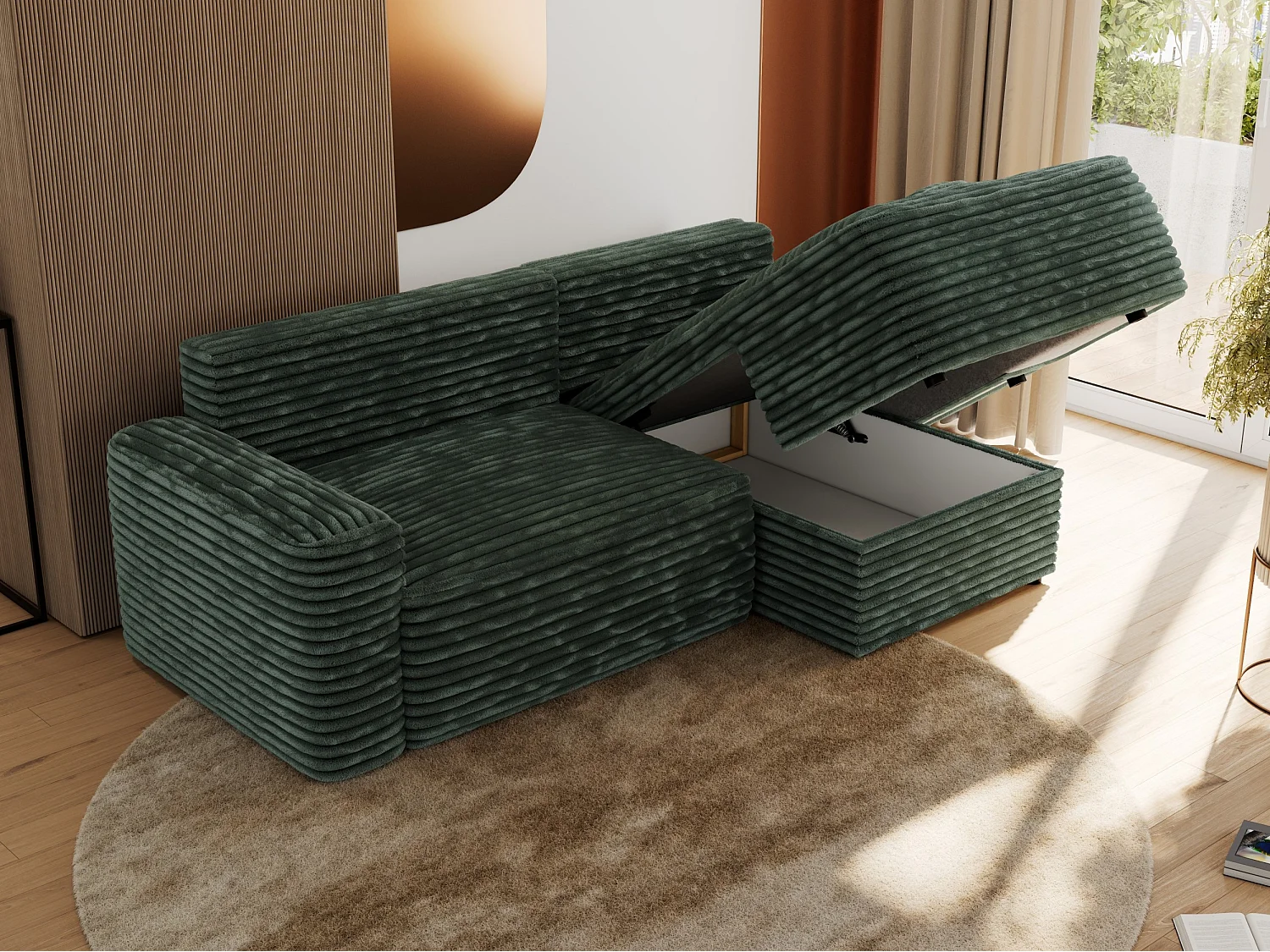 Ecksofa BELLUNO - Schlafsofa mit Bettkasten, Armlehnen, Couch L-form mit Schlaffunktion - Grün Cord - Ecke Rechts