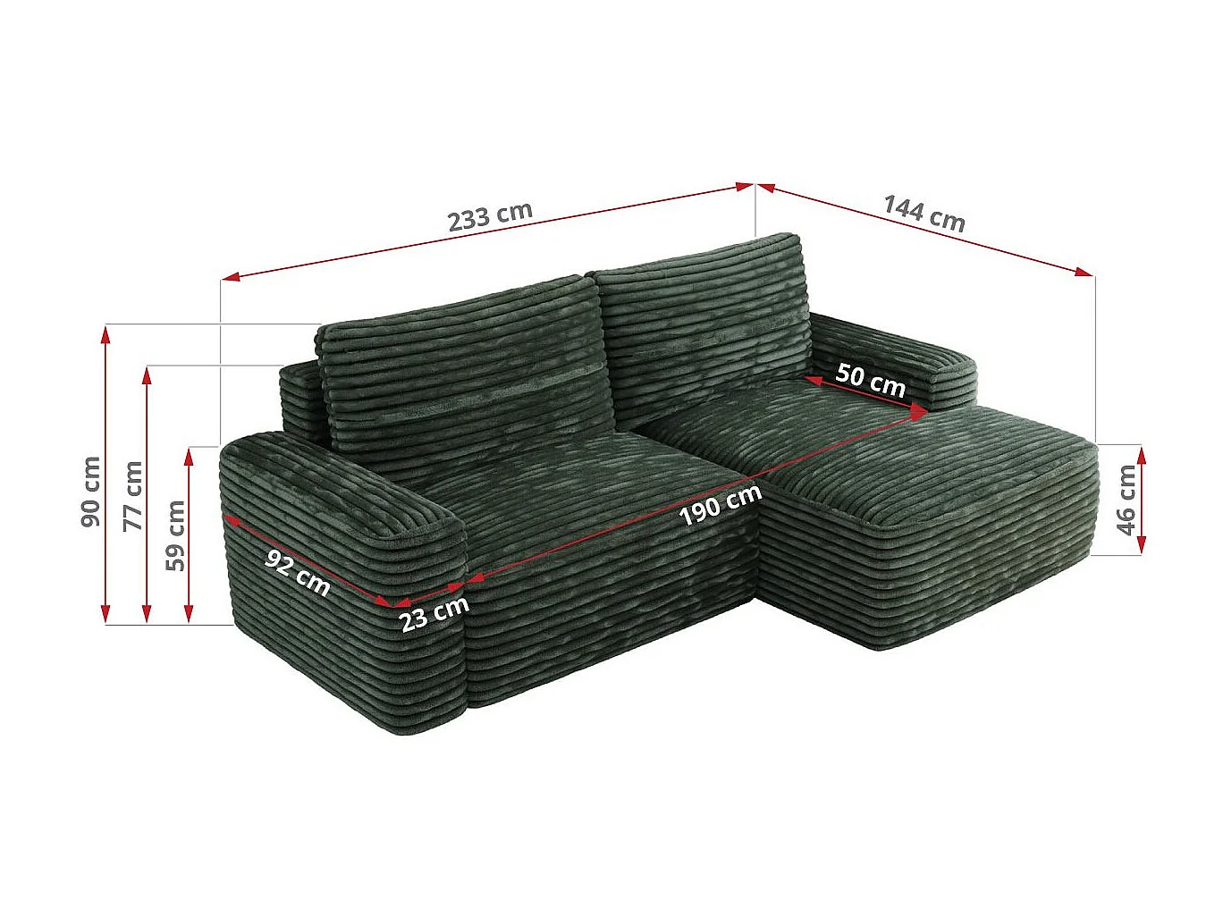 Ecksofa BELLUNO - Schlafsofa mit Bettkasten, Armlehnen, Couch L-form mit Schlaffunktion - Grün Cord - Ecke Rechts
