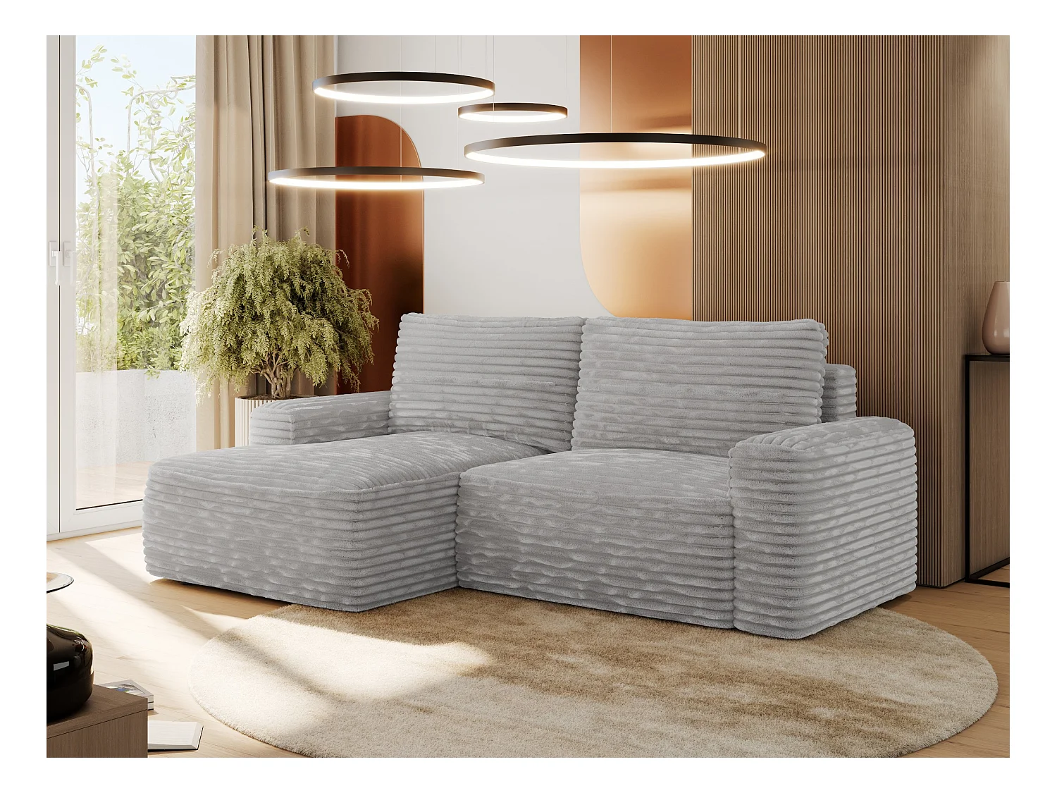 Ecksofa BELLUNO - Schlafsofa mit Bettkasten, Armlehnen, Couch L-form mit Schlaffunktion - Hellgrau Cord - Ecke Links
