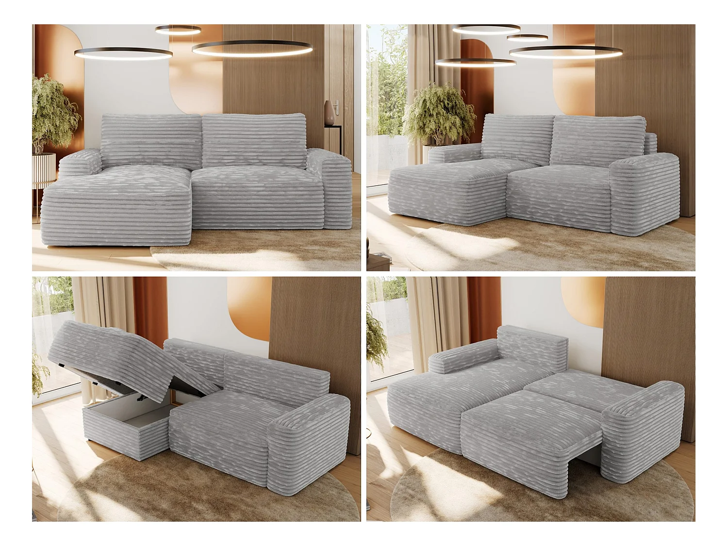 Ecksofa BELLUNO - Schlafsofa mit Bettkasten, Armlehnen, Couch L-form mit Schlaffunktion - Hellgrau Cord - Ecke Links