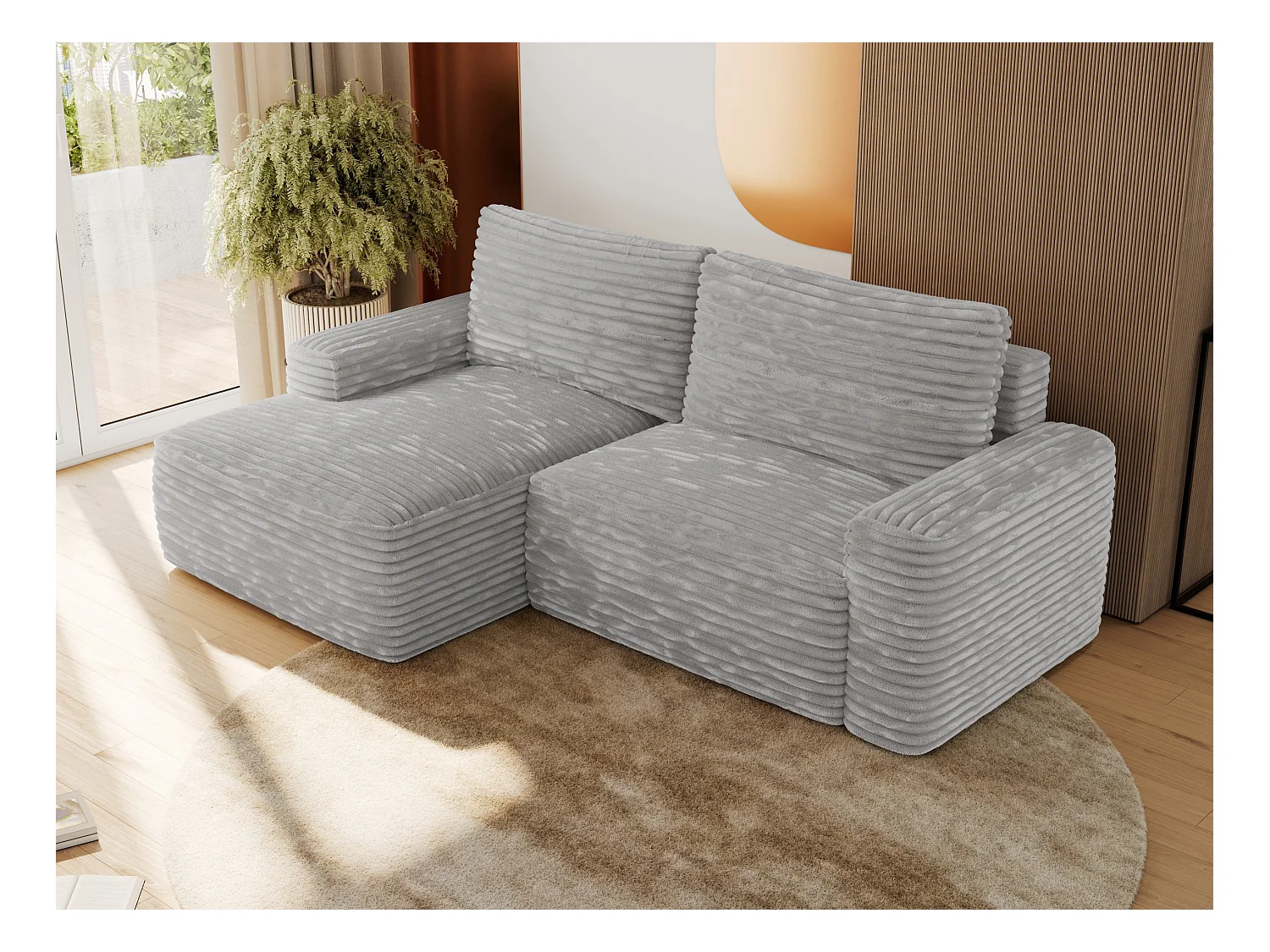 Ecksofa BELLUNO - Schlafsofa mit Bettkasten, Armlehnen, Couch L-form mit Schlaffunktion - Hellgrau Cord - Ecke Links