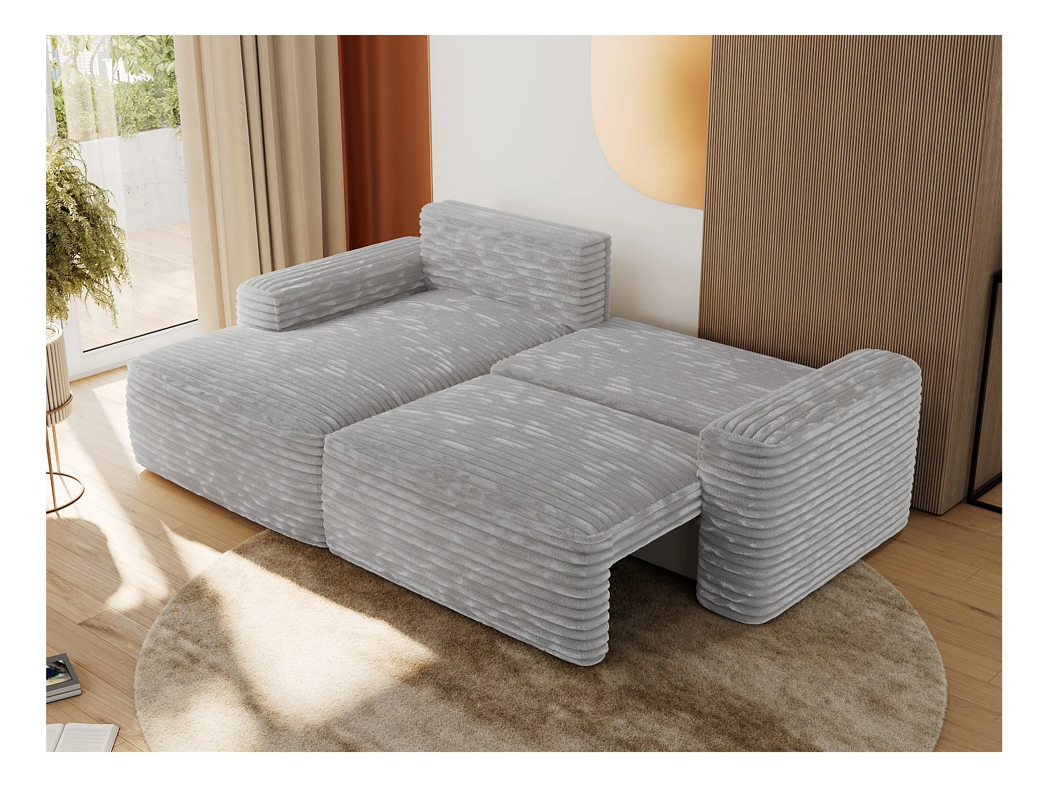 Ecksofa BELLUNO - Schlafsofa mit Bettkasten, Armlehnen, Couch L-form mit Schlaffunktion - Hellgrau Cord - Ecke Links