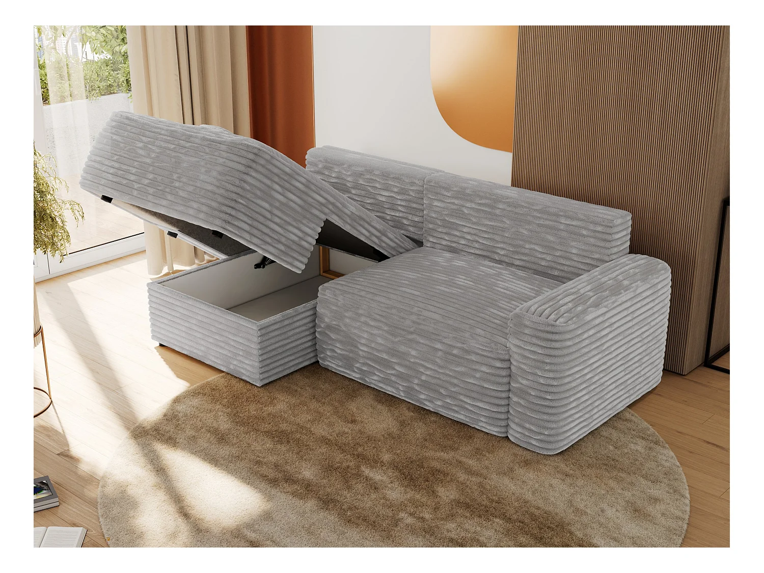 Ecksofa BELLUNO - Schlafsofa mit Bettkasten, Armlehnen, Couch L-form mit Schlaffunktion - Hellgrau Cord - Ecke Links
