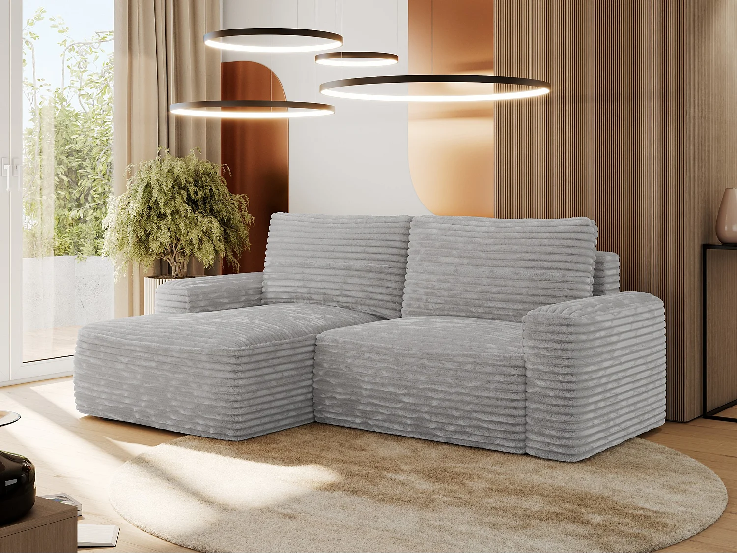 Ecksofa BELLUNO - Schlafsofa mit Bettkasten, Armlehnen, Couch L-form mit Schlaffunktion - Hellgrau Cord - Ecke Links