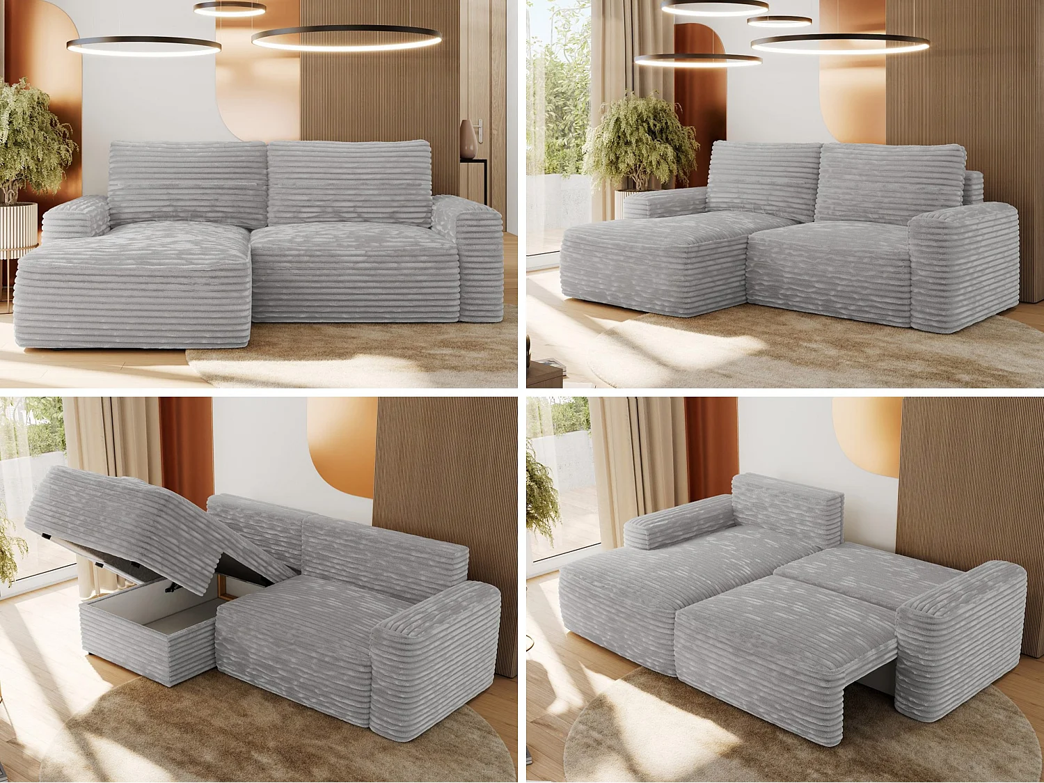 Ecksofa BELLUNO - Schlafsofa mit Bettkasten, Armlehnen, Couch L-form mit Schlaffunktion - Hellgrau Cord - Ecke Links