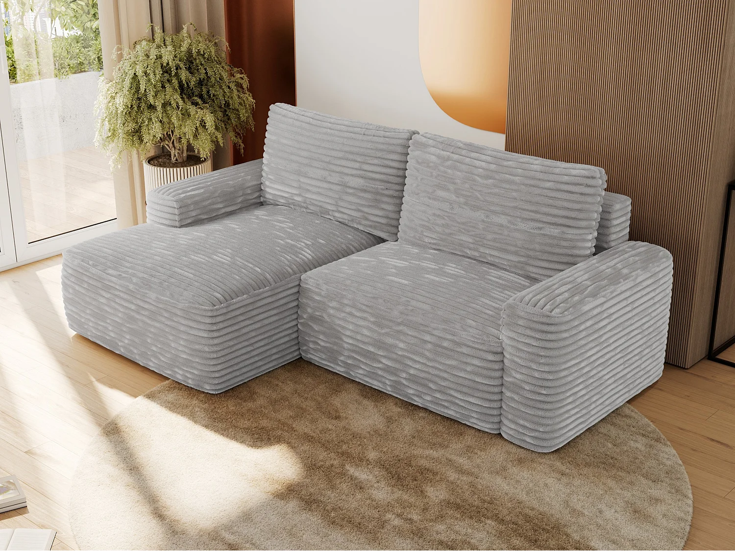 Ecksofa BELLUNO - Schlafsofa mit Bettkasten, Armlehnen, Couch L-form mit Schlaffunktion - Hellgrau Cord - Ecke Links