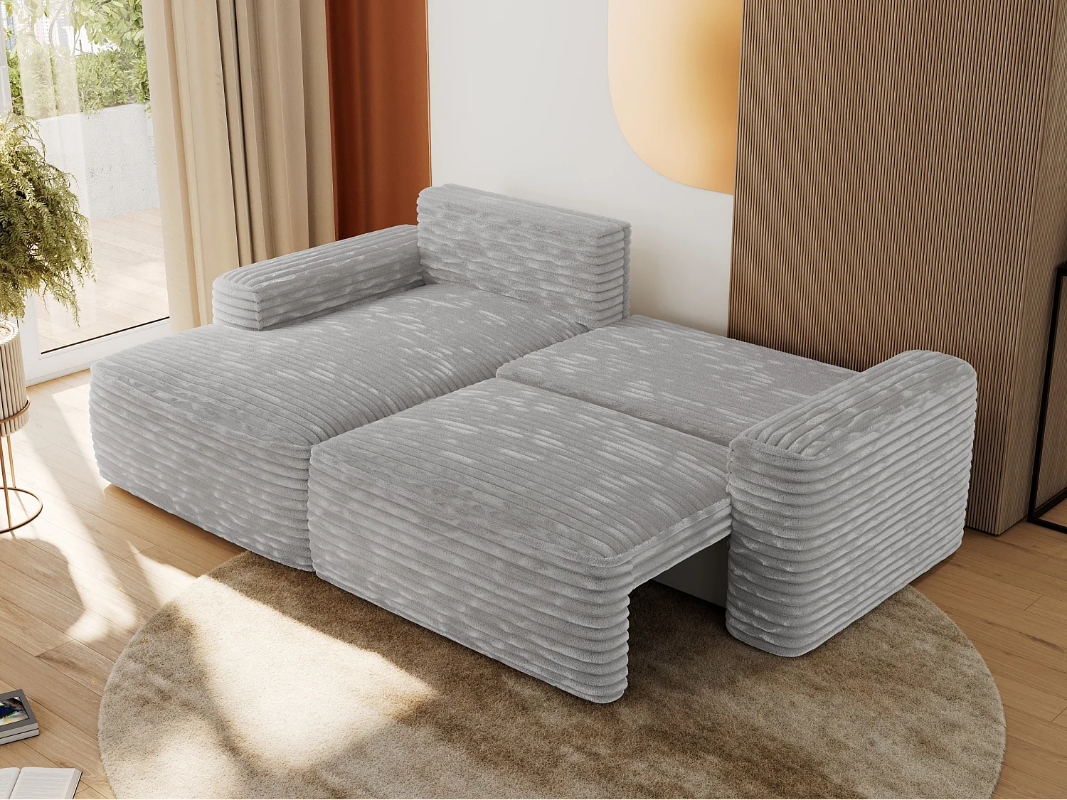 Ecksofa BELLUNO - Schlafsofa mit Bettkasten, Armlehnen, Couch L-form mit Schlaffunktion - Hellgrau Cord - Ecke Links