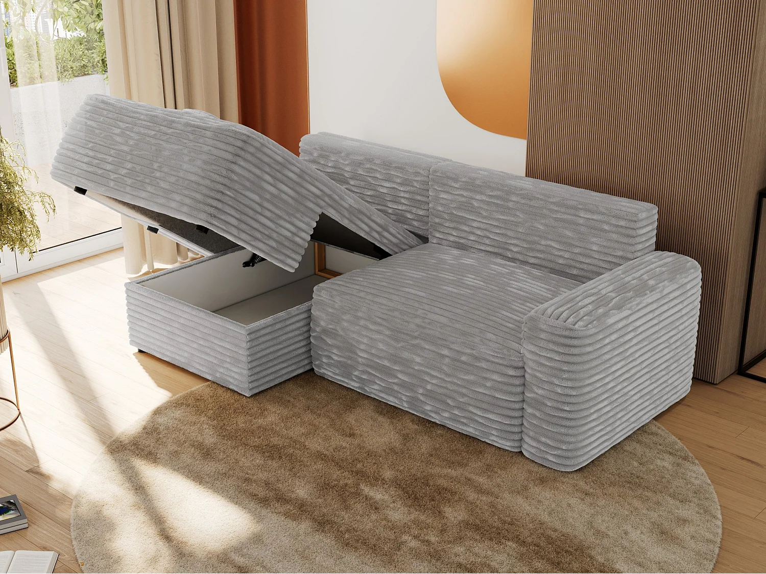 Ecksofa BELLUNO - Schlafsofa mit Bettkasten, Armlehnen, Couch L-form mit Schlaffunktion - Hellgrau Cord - Ecke Links