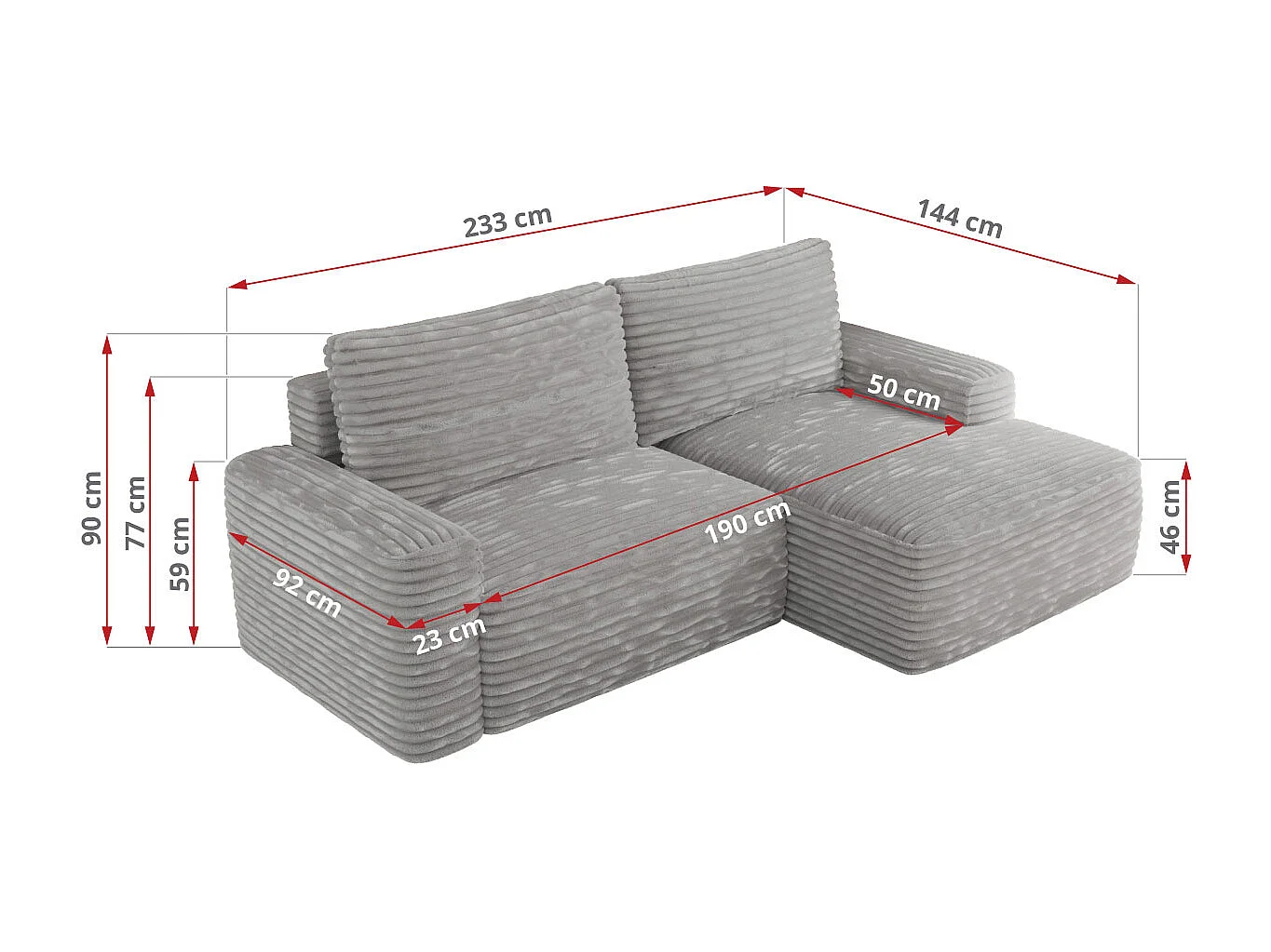 Ecksofa BELLUNO - Schlafsofa mit Bettkasten, Armlehnen, Couch L-form mit Schlaffunktion - Hellgrau Cord - Ecke Links