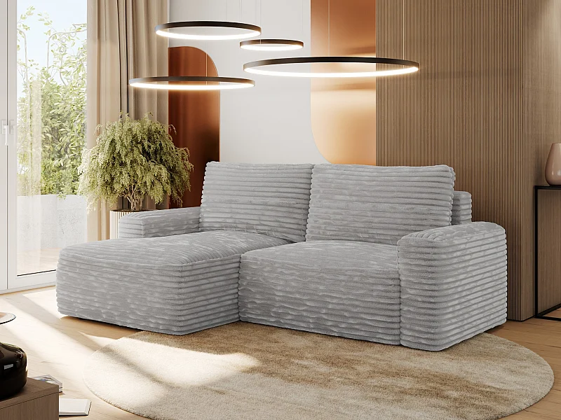 Ecksofa BELLUNO - Schlafsofa mit Bettkasten, Armlehnen, Couch L-form mit Schlaffunktion - Hellgrau Cord - Ecke Links