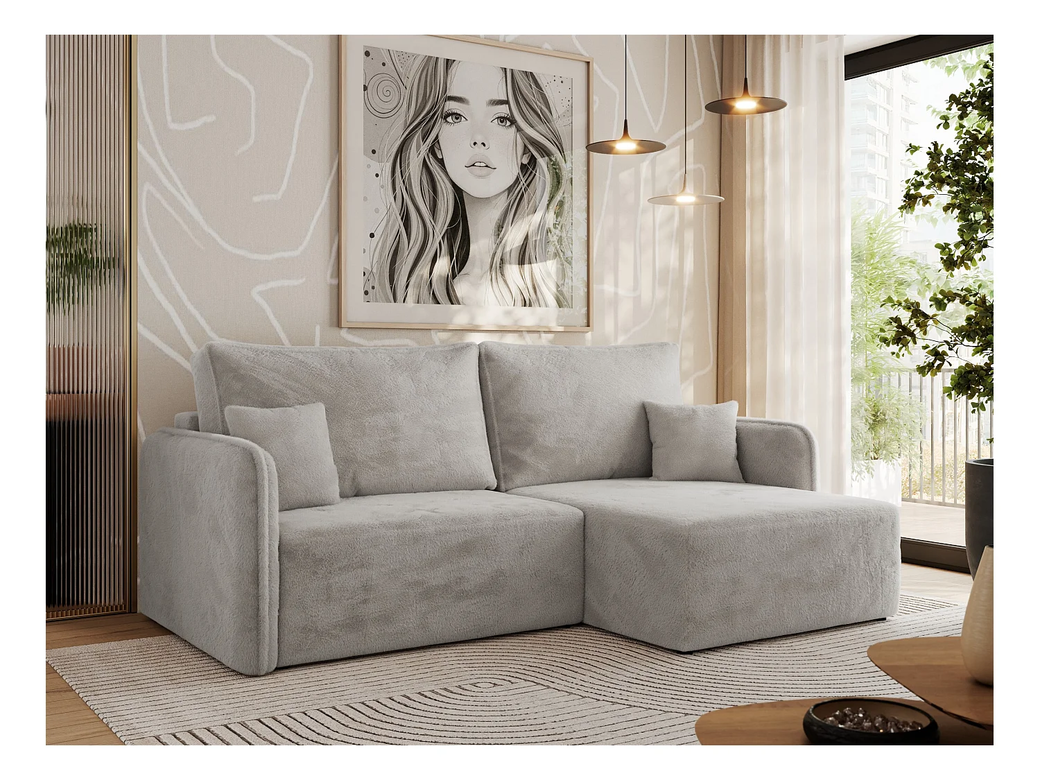 Ecksofa MESTO - Schlaffunktion und Bettkasten, L-form Couch für das Wohnzimmer, Armlehnen - Hellgrau Plüsch - Ecke Rechts