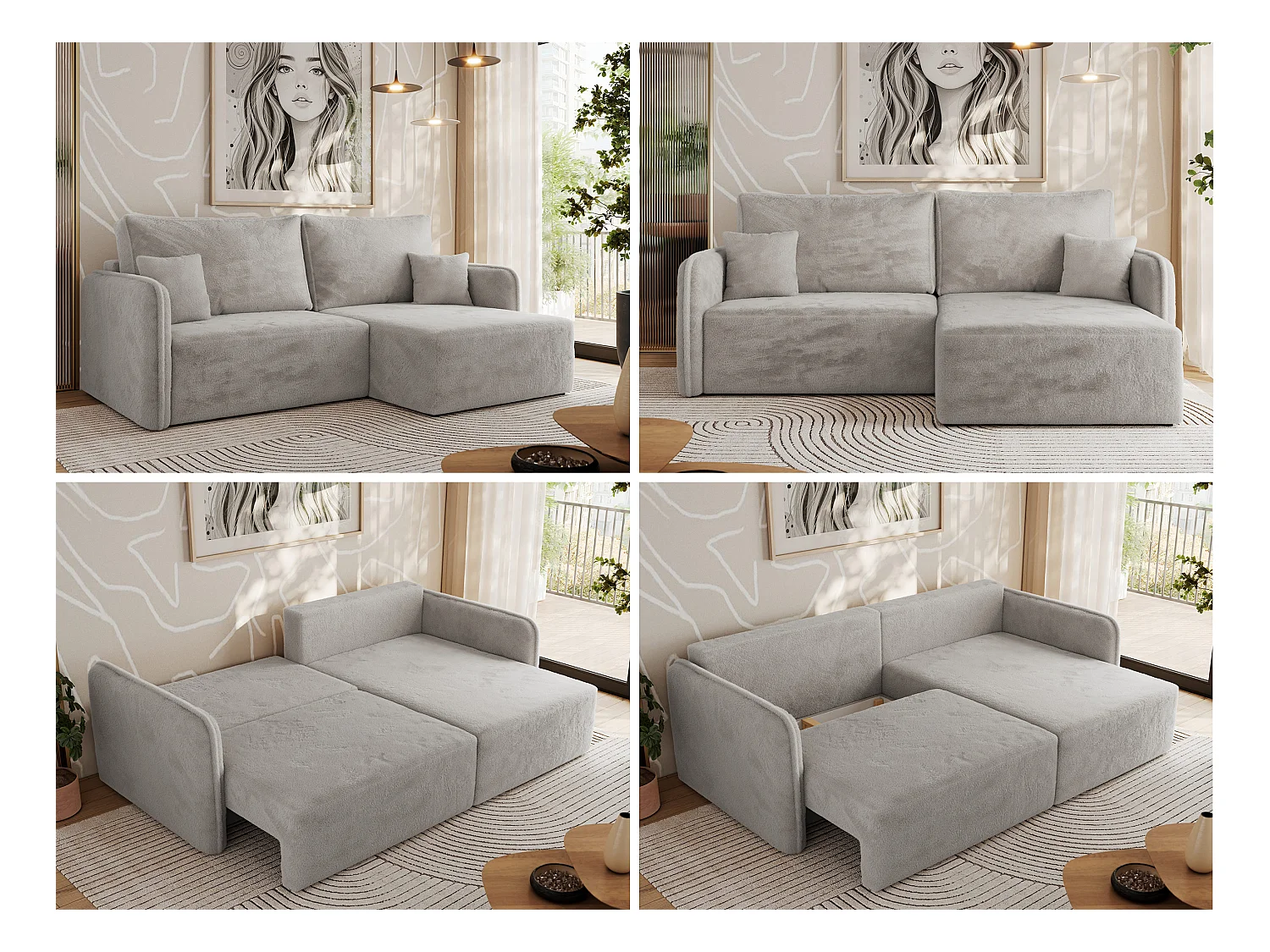 Ecksofa MESTO - Schlaffunktion und Bettkasten, L-form Couch für das Wohnzimmer, Armlehnen - Hellgrau Plüsch - Ecke Rechts