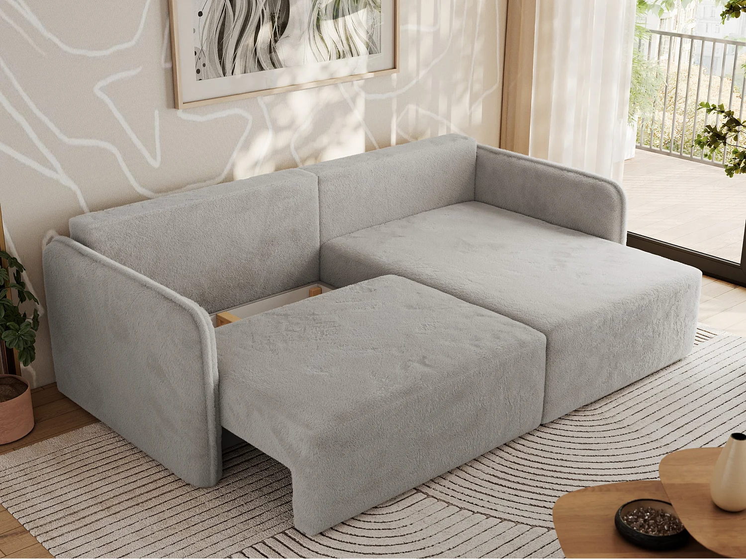 Ecksofa MESTO - Schlaffunktion und Bettkasten, L-form Couch für das Wohnzimmer, Armlehnen - Hellgrau Plüsch - Ecke Rechts