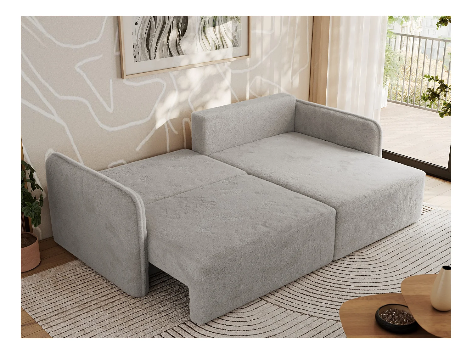 Ecksofa MESTO - Schlaffunktion und Bettkasten, L-form Couch für das Wohnzimmer, Armlehnen - Hellgrau Plüsch - Ecke Rechts