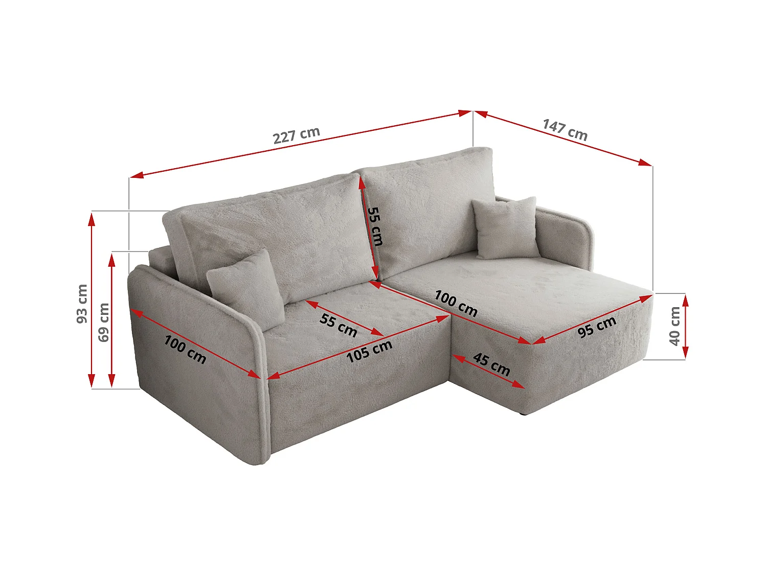 Ecksofa MESTO - Schlaffunktion und Bettkasten, L-form Couch für das Wohnzimmer, Armlehnen - Hellgrau Plüsch - Ecke Rechts