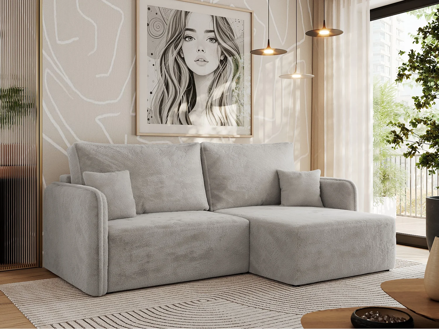 Ecksofa MESTO - Schlaffunktion und Bettkasten, L-form Couch für das Wohnzimmer, Armlehnen - Hellgrau Plüsch - Ecke Rechts