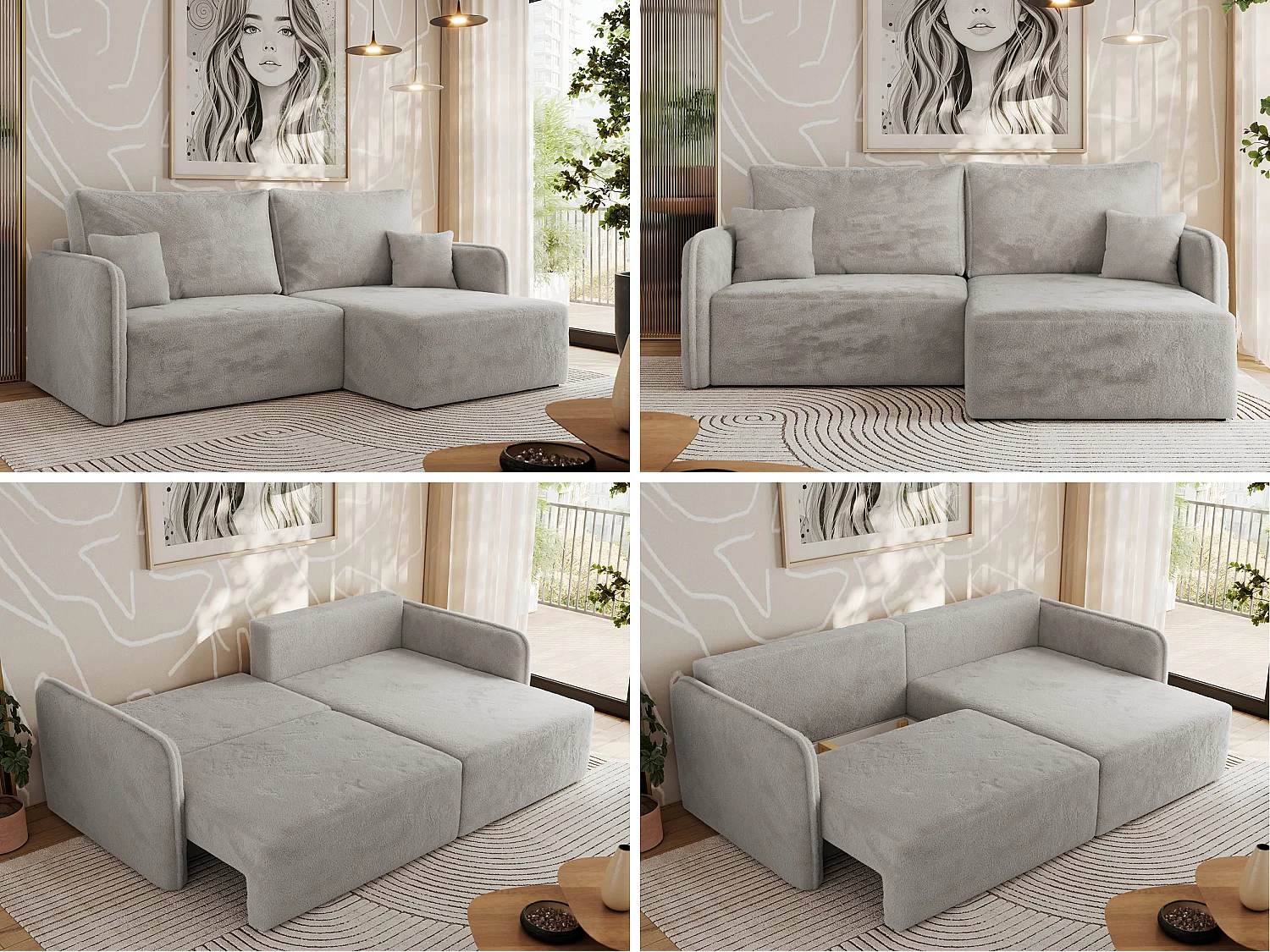 Ecksofa MESTO - Schlaffunktion und Bettkasten, L-form Couch für das Wohnzimmer, Armlehnen - Hellgrau Plüsch - Ecke Rechts