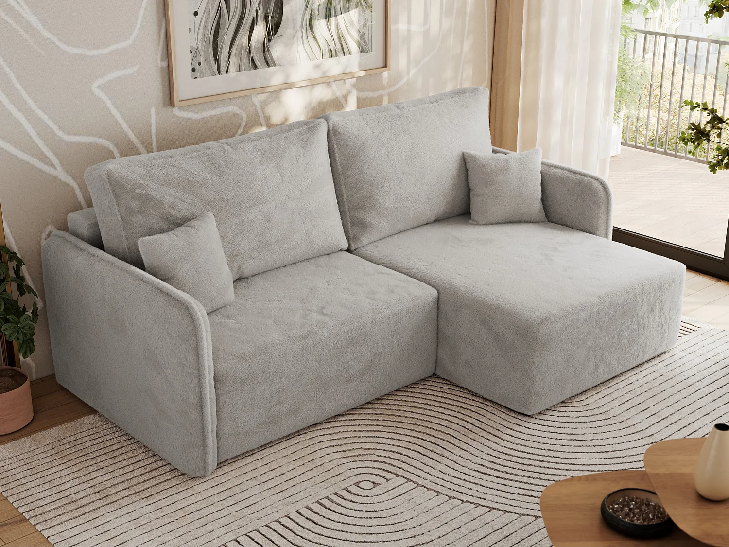 Ecksofa MESTO - Schlaffunktion und Bettkasten, L-form Couch für das Wohnzimmer, Armlehnen - Hellgrau Plüsch - Ecke Rechts