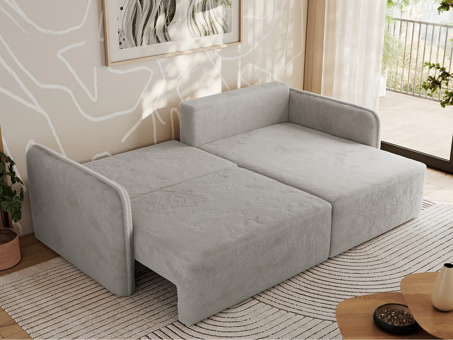 Ecksofa MESTO - Schlaffunktion und Bettkasten, L-form Couch für das Wohnzimmer, Armlehnen - Hellgrau Plüsch - Ecke Rechts