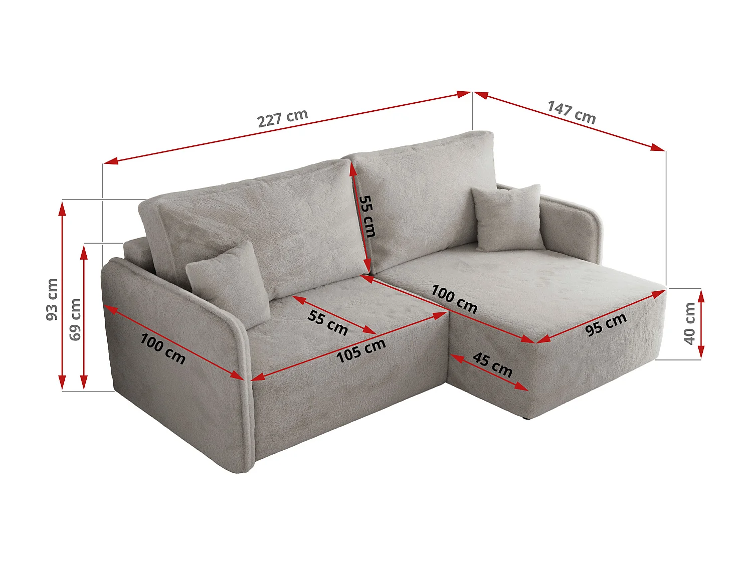 Ecksofa MESTO - Schlaffunktion und Bettkasten, L-form Couch für das Wohnzimmer, Armlehnen - Hellgrau Plüsch - Ecke Rechts