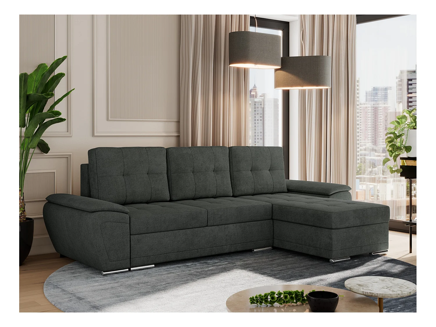 Ecksofa UMBRIA - universell L-form Couch, Schlaffunktion und Bettkasten, gesteppte Ecke - Dunkelgrau Stukture