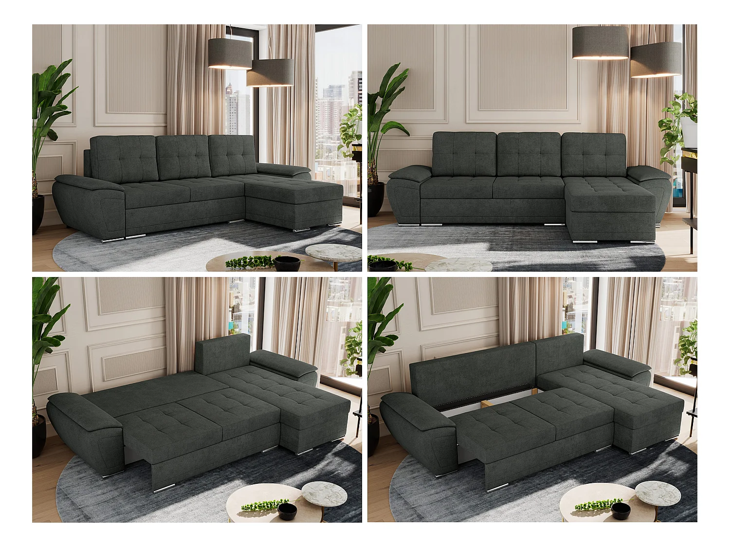 Ecksofa UMBRIA - universell L-form Couch, Schlaffunktion und Bettkasten, gesteppte Ecke - Dunkelgrau Stukture