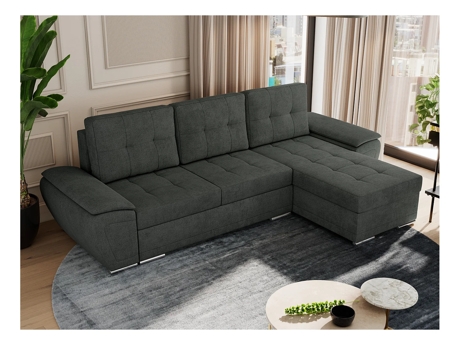 Ecksofa UMBRIA - universell L-form Couch, Schlaffunktion und Bettkasten, gesteppte Ecke - Dunkelgrau Stukture