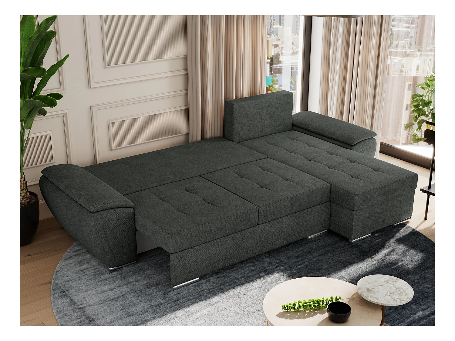 Ecksofa UMBRIA - universell L-form Couch, Schlaffunktion und Bettkasten, gesteppte Ecke - Dunkelgrau Stukture