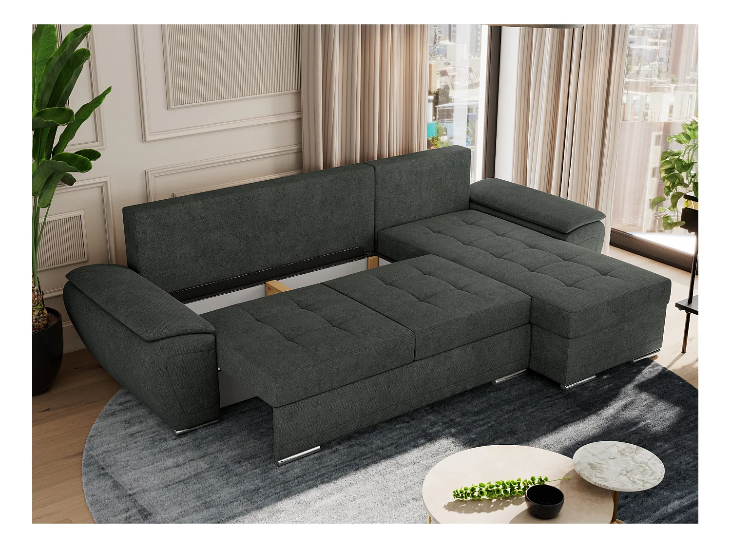 Ecksofa UMBRIA - universell L-form Couch, Schlaffunktion und Bettkasten, gesteppte Ecke - Dunkelgrau Stukture