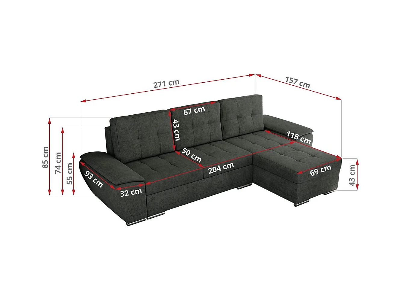 Ecksofa UMBRIA - universell L-form Couch, Schlaffunktion und Bettkasten, gesteppte Ecke - Dunkelgrau Stukture