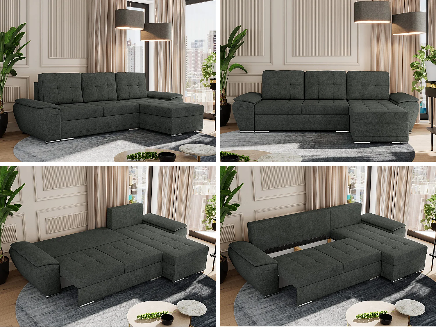 Ecksofa UMBRIA - universell L-form Couch, Schlaffunktion und Bettkasten, gesteppte Ecke - Dunkelgrau Stukture