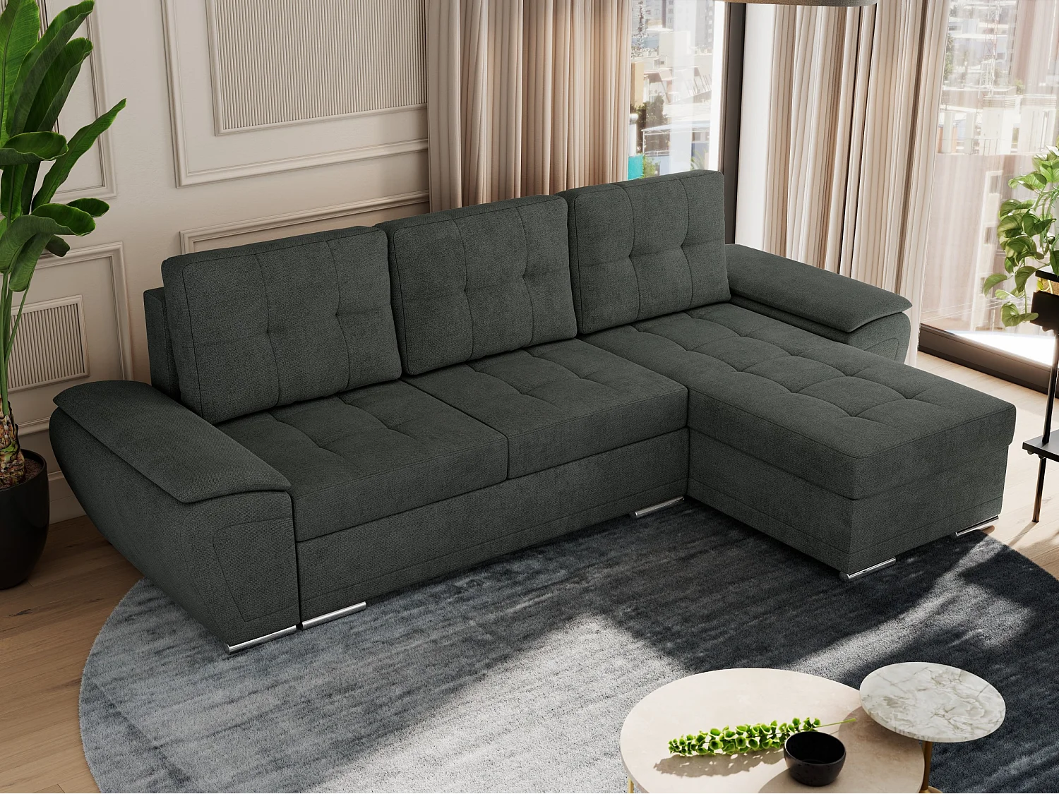 Ecksofa UMBRIA - universell L-form Couch, Schlaffunktion und Bettkasten, gesteppte Ecke - Dunkelgrau Stukture
