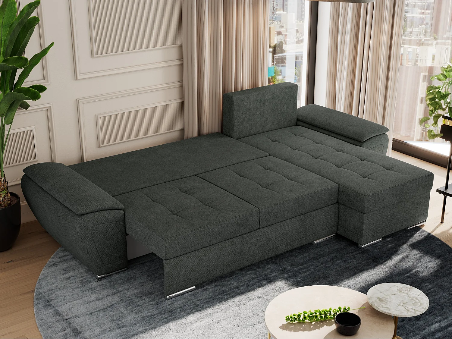 Ecksofa UMBRIA - universell L-form Couch, Schlaffunktion und Bettkasten, gesteppte Ecke - Dunkelgrau Stukture