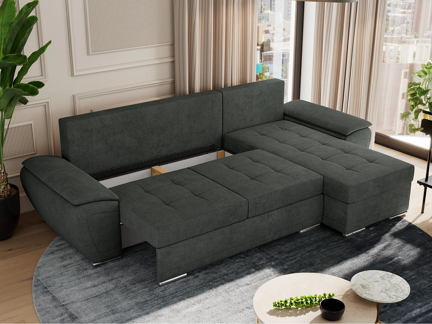 Ecksofa UMBRIA - universell L-form Couch, Schlaffunktion und Bettkasten, gesteppte Ecke - Dunkelgrau Stukture