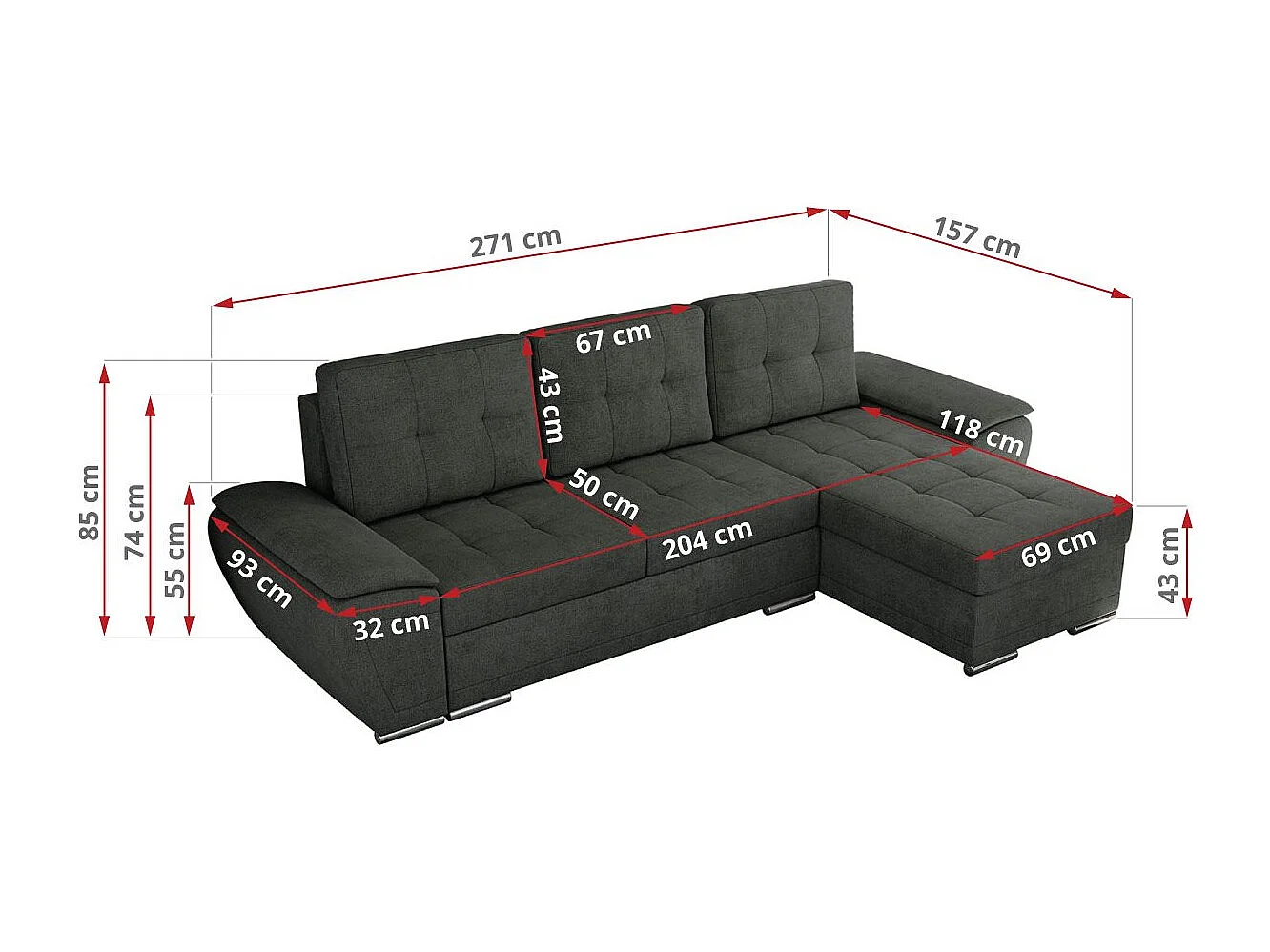 Ecksofa UMBRIA - universell L-form Couch, Schlaffunktion und Bettkasten, gesteppte Ecke - Dunkelgrau Stukture