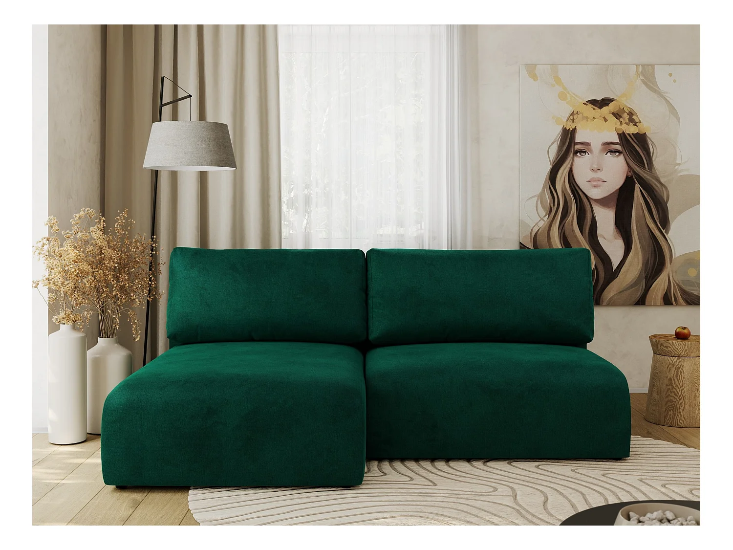 Ecksofa VIVO - L-form Couch mit Schlaffunktion und Bettkasten, Wellenfeder - Dunkelgrün Velvet - Ecke Links