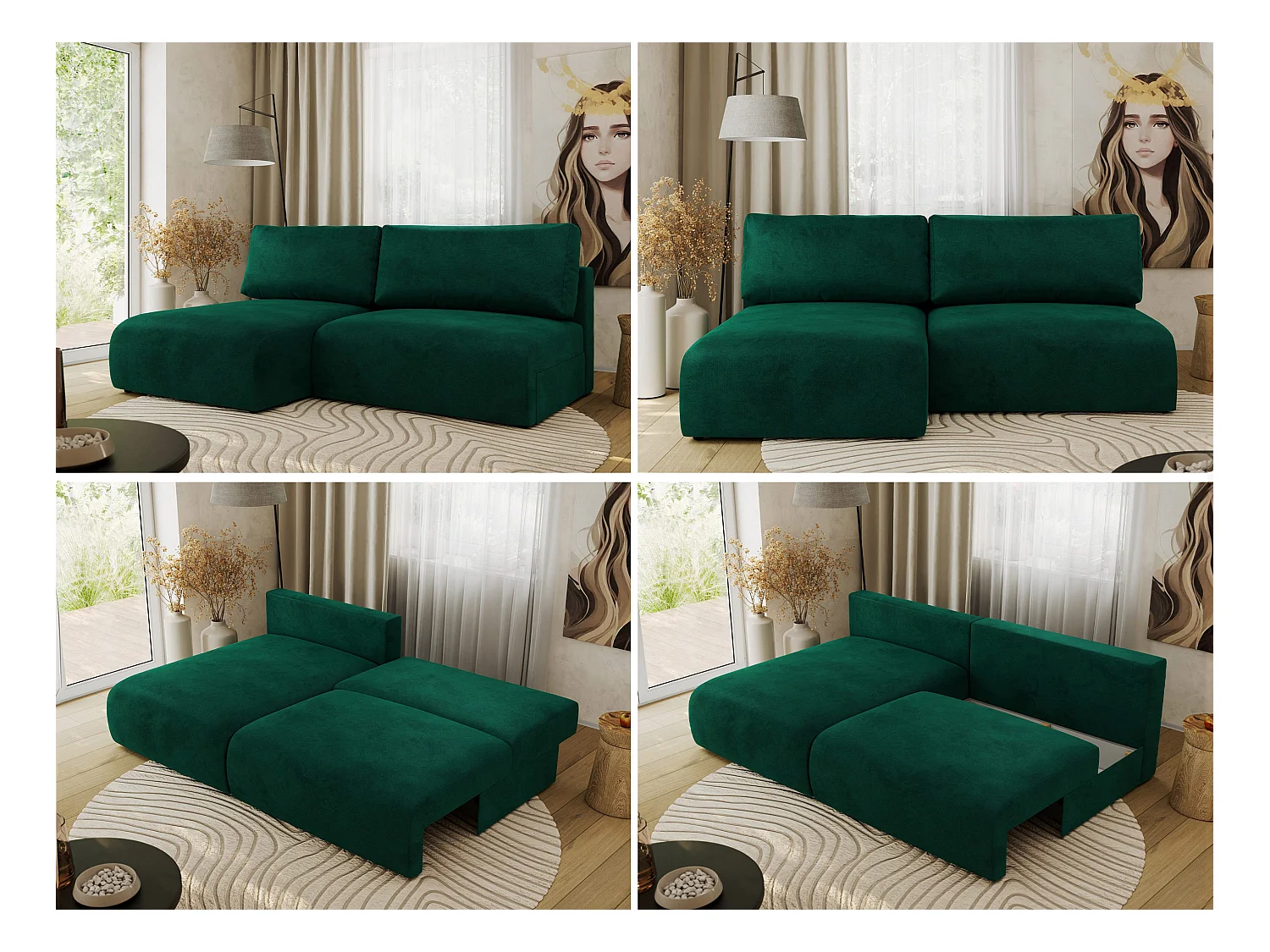 Ecksofa VIVO - L-form Couch mit Schlaffunktion und Bettkasten, Wellenfeder - Dunkelgrün Velvet - Ecke Links