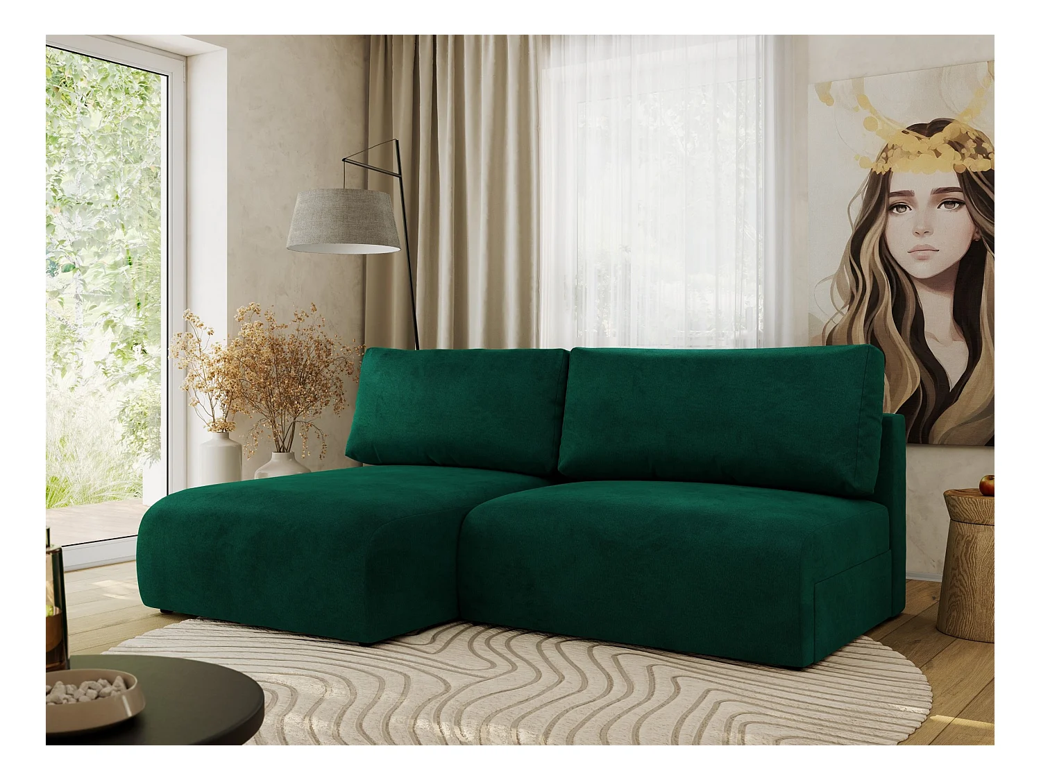 Ecksofa VIVO - L-form Couch mit Schlaffunktion und Bettkasten, Wellenfeder - Dunkelgrün Velvet - Ecke Links