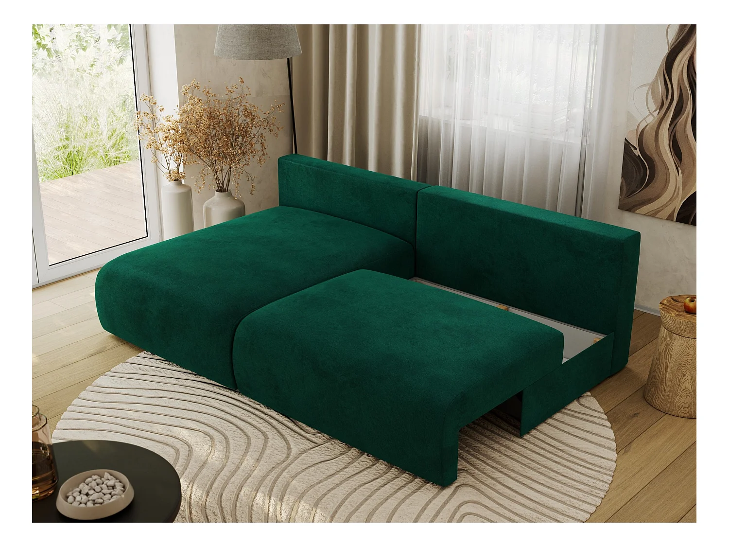Ecksofa VIVO - L-form Couch mit Schlaffunktion und Bettkasten, Wellenfeder - Dunkelgrün Velvet - Ecke Links