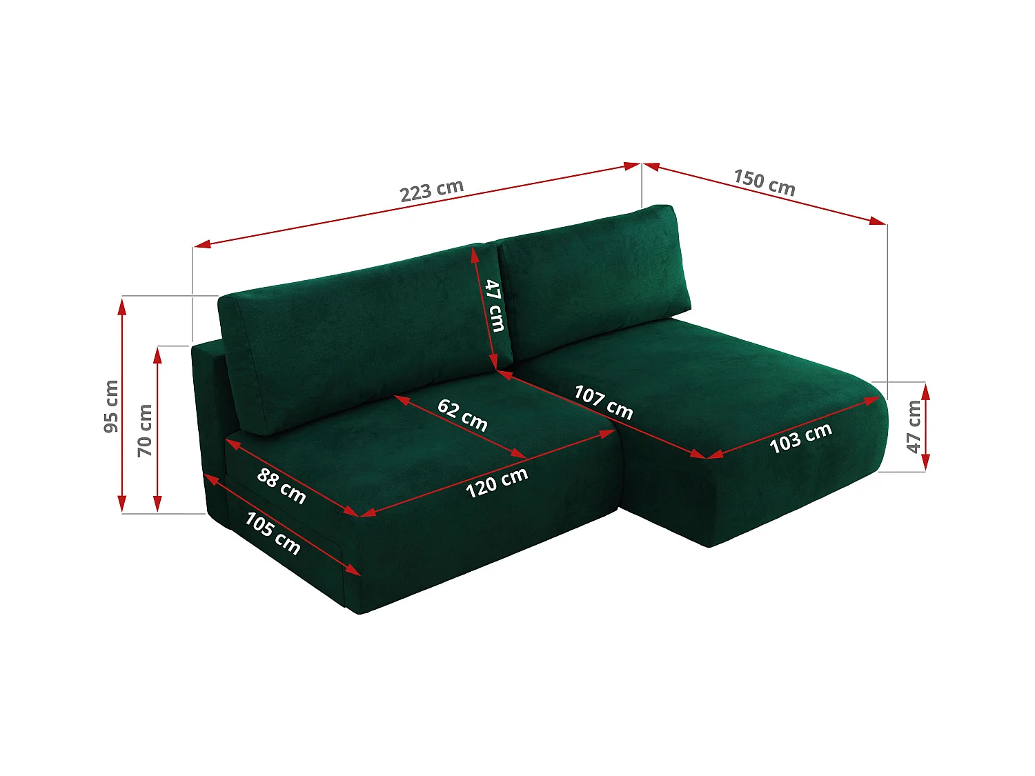 Ecksofa VIVO - L-form Couch mit Schlaffunktion und Bettkasten, Wellenfeder - Dunkelgrün Velvet - Ecke Links