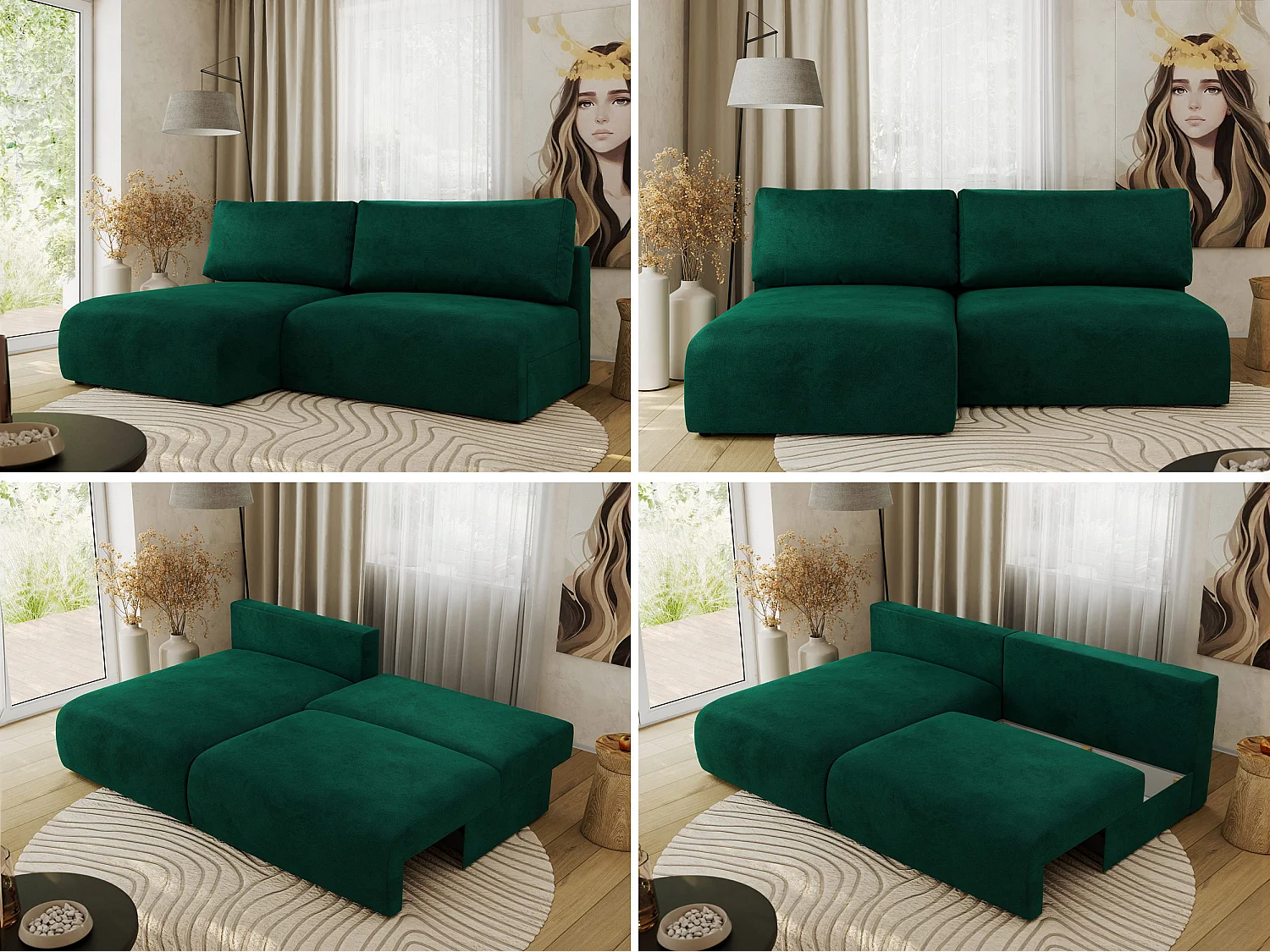 Ecksofa VIVO - L-form Couch mit Schlaffunktion und Bettkasten, Wellenfeder - Dunkelgrün Velvet - Ecke Links