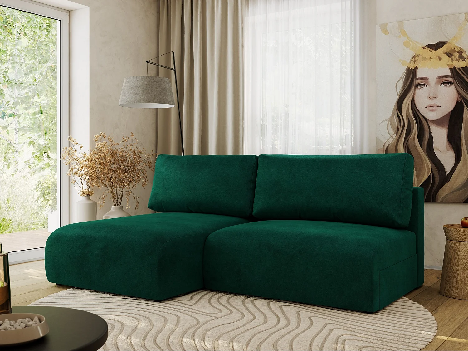 Ecksofa VIVO - L-form Couch mit Schlaffunktion und Bettkasten, Wellenfeder - Dunkelgrün Velvet - Ecke Links