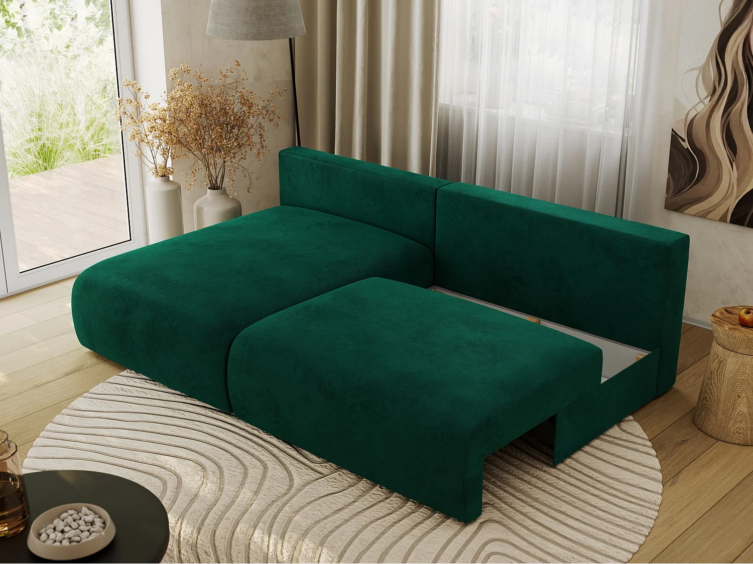 Ecksofa VIVO - L-form Couch mit Schlaffunktion und Bettkasten, Wellenfeder - Dunkelgrün Velvet - Ecke Links