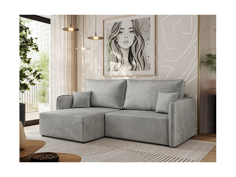 Ecksofa MESTO - Schlaffunktion und Bettkasten, L-form Couch für das Wohnzimmer, Armlehnen - Hellgrau Velvet - Ecke Links