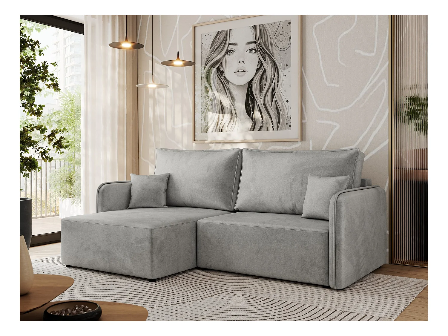 Ecksofa MESTO - Schlaffunktion und Bettkasten, L-form Couch für das Wohnzimmer, Armlehnen - Hellgrau Velvet - Ecke Links