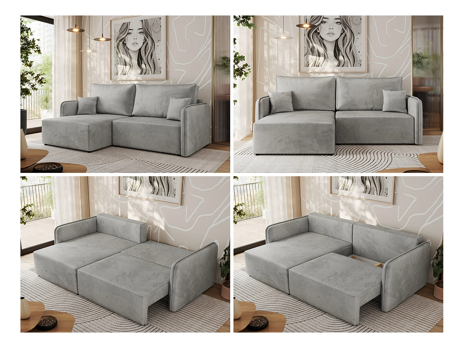 Ecksofa MESTO - Schlaffunktion und Bettkasten, L-form Couch für das Wohnzimmer, Armlehnen - Hellgrau Velvet - Ecke Links