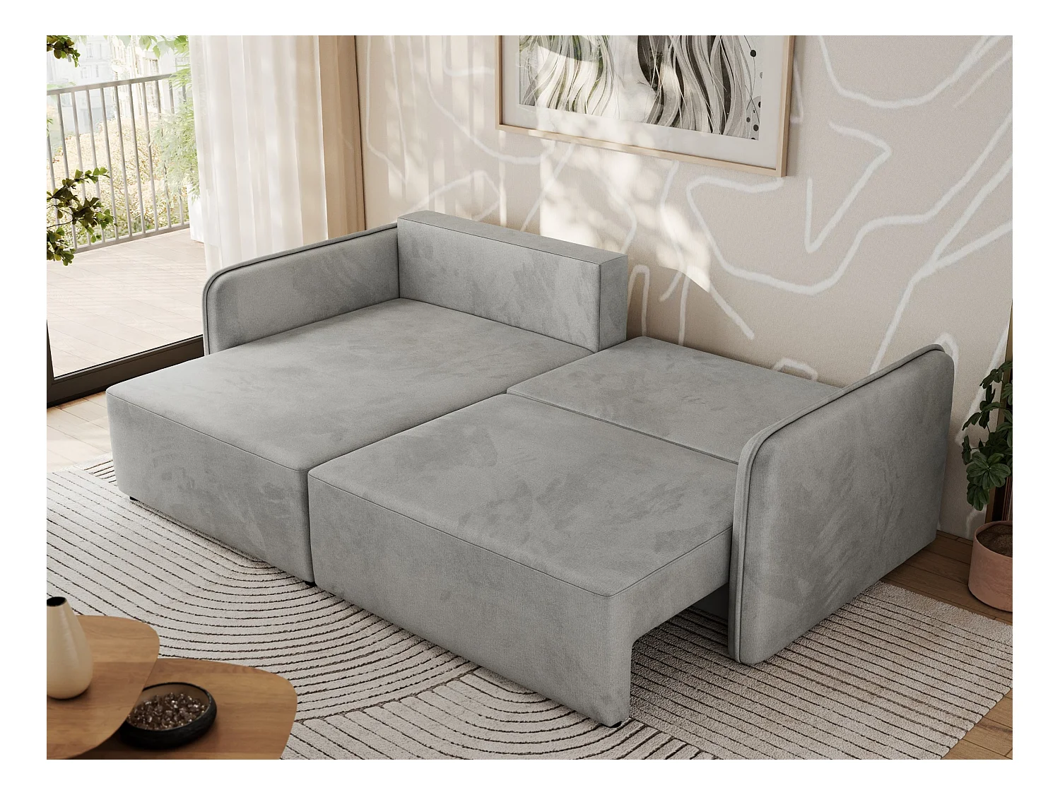 Ecksofa MESTO - Schlaffunktion und Bettkasten, L-form Couch für das Wohnzimmer, Armlehnen - Hellgrau Velvet - Ecke Links