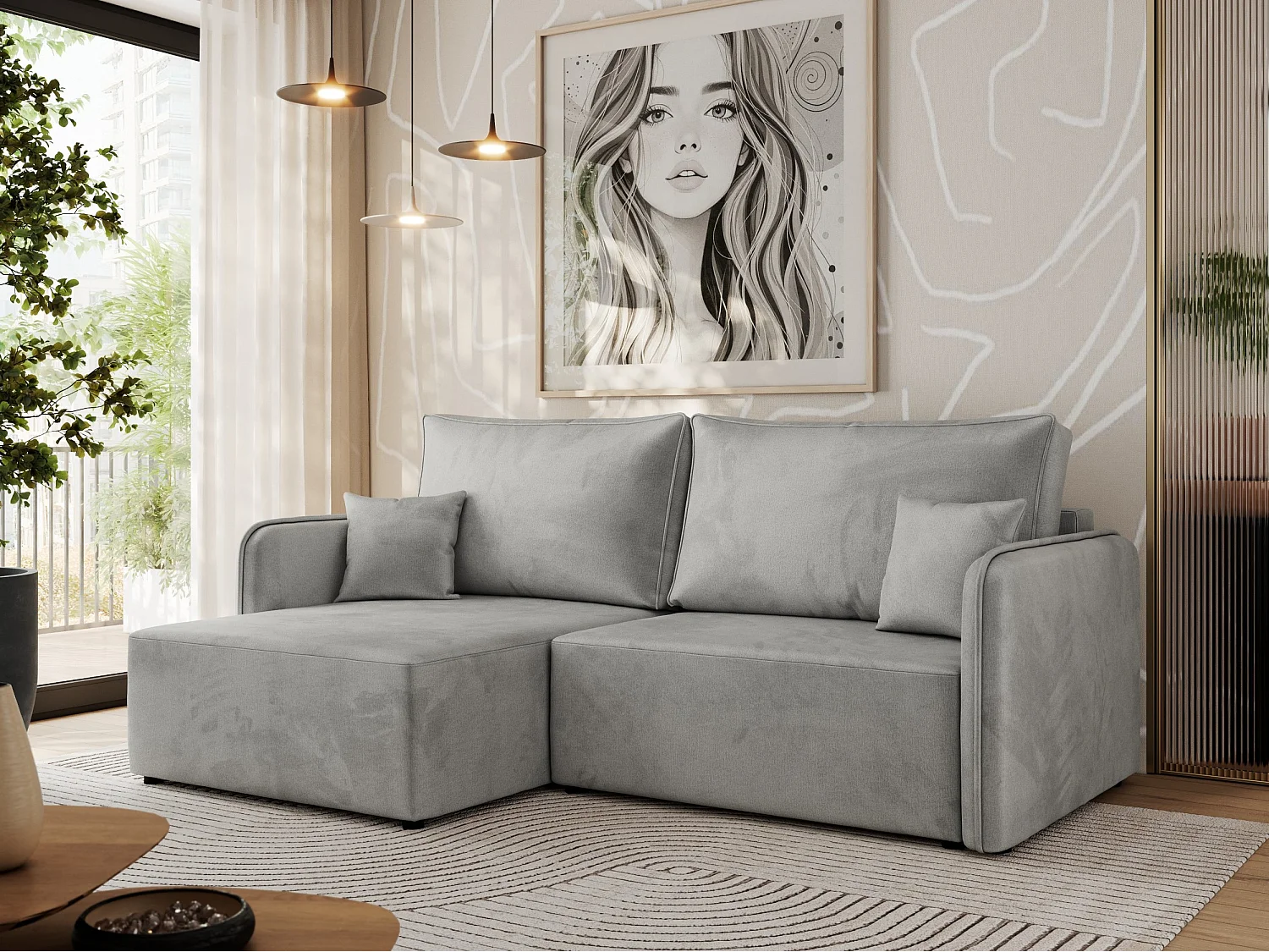 Ecksofa MESTO - Schlaffunktion und Bettkasten, L-form Couch für das Wohnzimmer, Armlehnen - Hellgrau Velvet - Ecke Links