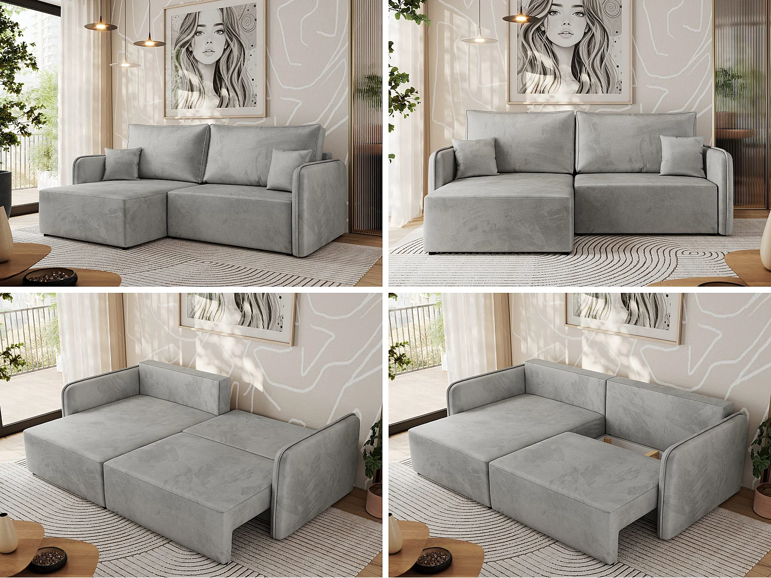 Ecksofa MESTO - Schlaffunktion und Bettkasten, L-form Couch für das Wohnzimmer, Armlehnen - Hellgrau Velvet - Ecke Links