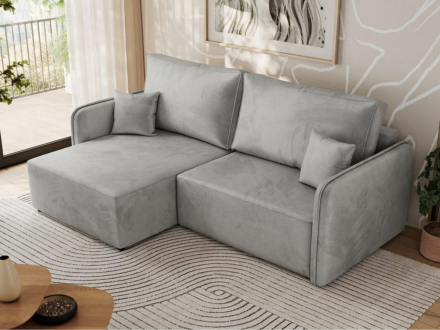 Ecksofa MESTO - Schlaffunktion und Bettkasten, L-form Couch für das Wohnzimmer, Armlehnen - Hellgrau Velvet - Ecke Links